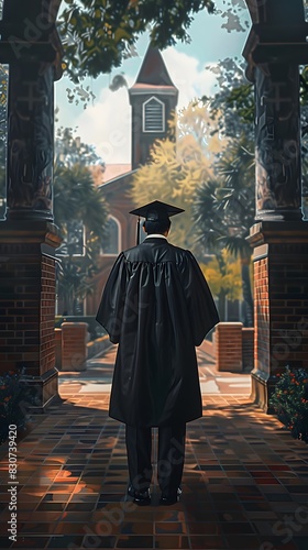 Impressionism of A graduate standing in front of their alma mater, looking confidently towards the future