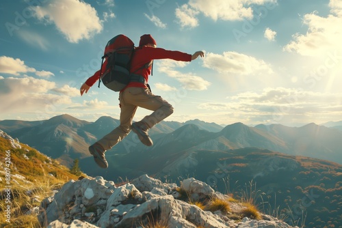 Mountain Hiker: Man Jumping to Freedom and Success