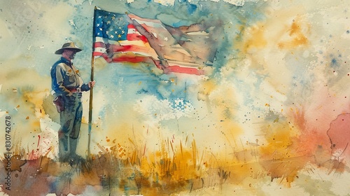 Patriotic Watercolor Portrait: Veteran Holding American Flag on Flag Day - Emotionally Inspiring Tribute with Soft Colors and Fine Details