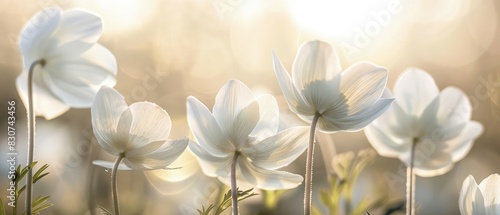 white anemone flowers illuminated by the morning light in nature, close-up image captures the delicate petals and intricate details, bathed in golden sunlight, creating an atmospheric and airy portray