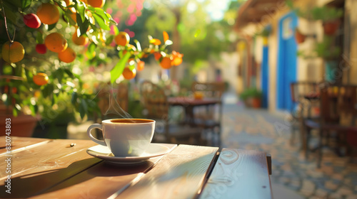 a cup of coffee on the table of a coffee shop against the backdrop of a summer cafe, blurred background, drink, tea, latte, cappuccino, veranda, restaurant, espresso, americano, space for text, blank