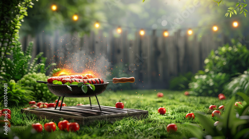A backyard barbecue with sausages sizzling on the grill, surrounded by lush greenery and string lights.