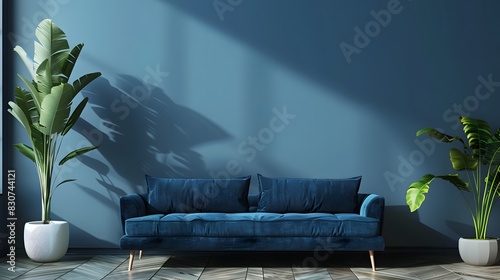 青い壁の背景にネイビーブルーのソファと緑の植物を備えたモダンなリビングルーム