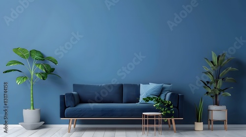 青い壁の背景にネイビーブルーのソファと緑の植物を備えたモダンなリビングルーム