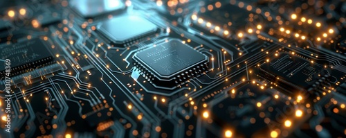 A digital landscape of interconnected microchips and circuits