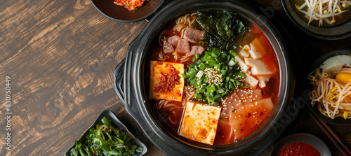 Korean Hot Pot Served with Tofu, Beef, and Fresh Vegetables in Spicy Broth