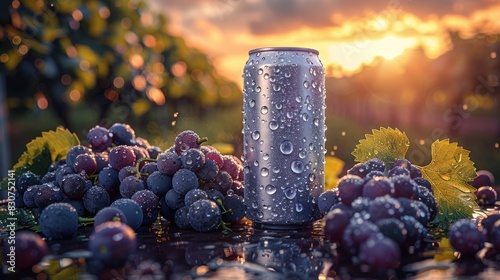 Aluminum tin can with grape vine, dark background, drink advertising concept.