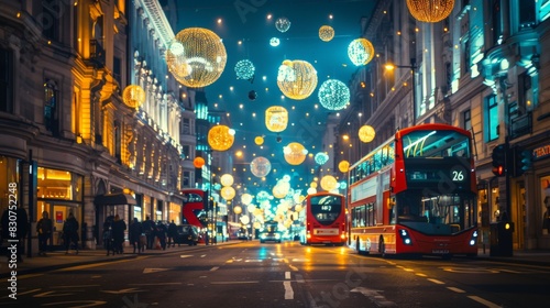 View of festive Christmas decoration and lights at night and double decker bus on Regent Street, Central London, England, UK