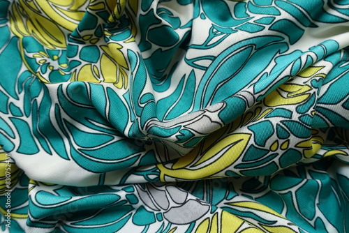 Crumpled blue green, white, yellow and grey polyester fabric