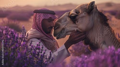 saudi arabian knight in touching a camel head in the middle of lavender field in the desert, cinematic, centric