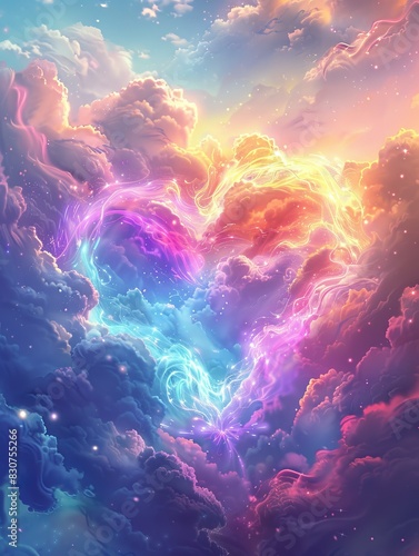 A colorful heart is surrounded by clouds in a sky