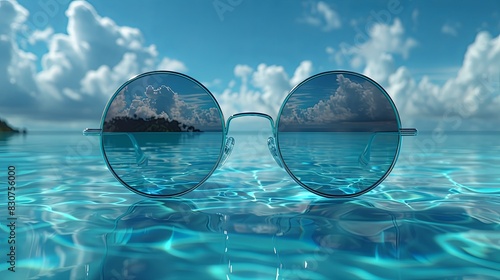 Sleek round sunglasses with a surrealistic tropical island reflection, hyper-realistic textures, minimalist design
