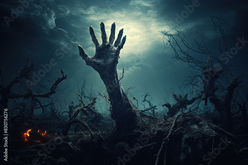 Bone hand , emerging from From the grave, in the moonlight Cemetery atmosphere