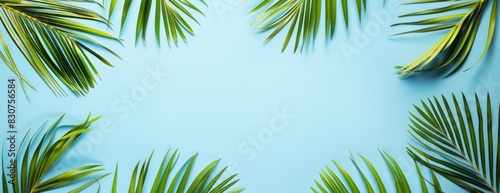 A painting depicting palm trees standing tall against a clear blue sky, with no clouds in sight