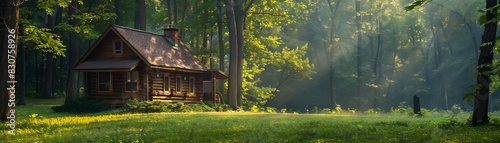 Serene Wooden Cabin Nestled in Lush Green Forest Offers Peaceful Retreat for Creative Writing and
