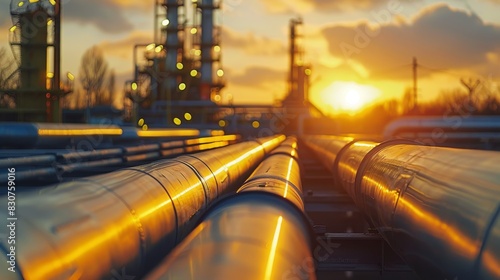 Wallpaper for gas energy pipelines or large oil production in the factory with sunset