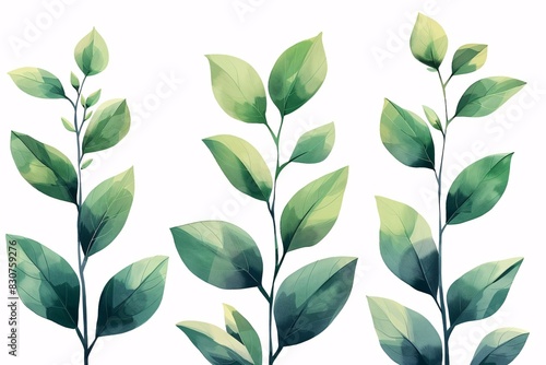 Watercolor Illustration of Three Stylized Leaf Plants