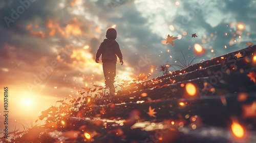 A young child walks up a set of stone stairs surrounded by floating autumn leaves during a picturesque sunset in a tranquil park