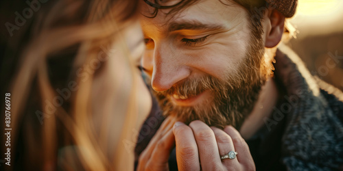 Young couple hugging and cuddling outdoors. Portrait of man and woman smiling to each other. Boyfriend and girlfriend spending time together.
