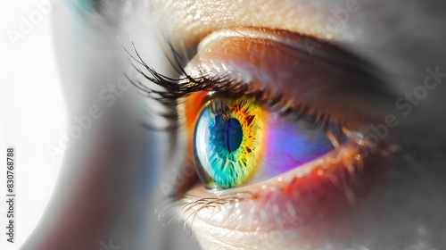 Photo d'un œil de femme isolé sur fond blanc, vue de profil, iris multicolore arc-en-ciel, concept de vision et couleurs, fierté gay LGBT