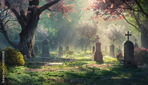 A peaceful cemetery bathed in morning light, surrounded by nature's serenity, offering a tranquil resting place