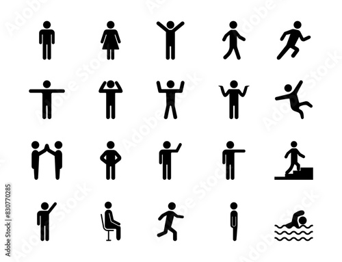 Set of people icons. Person walking, running, swimming. Vector illustrations. 