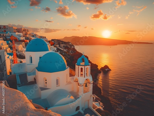 Iconic Blue Domes and Sunset Over the Picturesque Santorini Island Greece A Breathtaking Travel Destination with Dramatic Coastal Landscapes and
