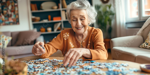 Senior lady playing puzzles in a retirement home. Elderly woman assembling jigsaw puzzle pieces in a nursing home. Housing facility intended for the elderly people.