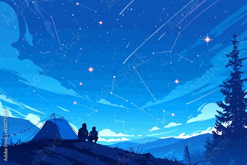 A couple stargazing by their tent in the mountains, under a clear night sky filled with constellations. Flat vector illustration.