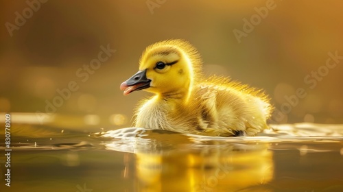 A fluffy yellow gosling swims in calm water, its beak open in a cheerful chirp