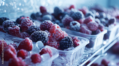 frozen fruits in plastic containers on the shelf of an open refrigerator. 
