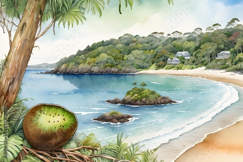Stewart island new zealand with 1 kiwi on the beach, coastline, tree ferns shell, like a water coloured painting