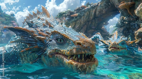 A beautiful digital painting of a blue and gold dragon swimming in a blue ocean.