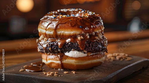 A decadent dessert burger that combines the best of both worlds: sweet and savory. Picture a warm, glazed donut sliced in half and filled with creamy vanilla ice cream, gooey caramel sauce, and