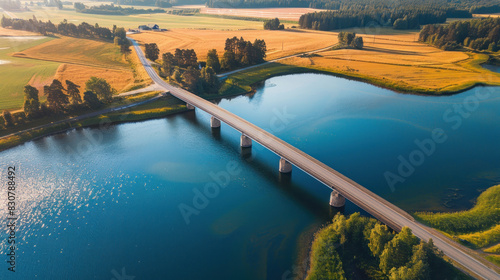 Aerial view of a bridge spanning a blue lake on a sunny summer day in rural Finland, surrounded by lush green and golden yellow fields, creating a picturesque countryside scene.