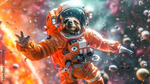 Cute sloth wear astronaut suit in galaxy ,Funny fantasy animal concept .