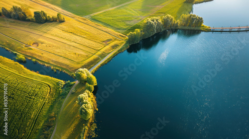 Captivating aerial view of a bridge crossing a serene blue lake, nestled between verdant green and golden yellow fields in the picturesque rural landscape of Finland.