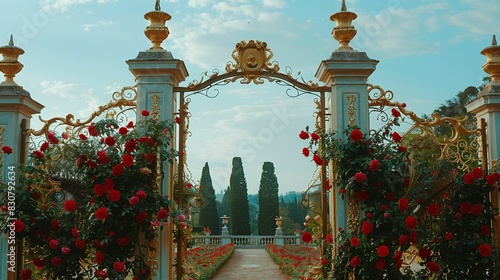 an ornate Rococo style gate topped with red and green roses