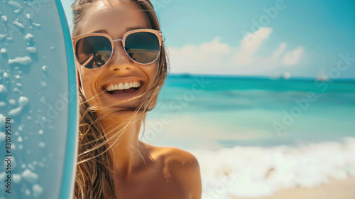Smiling, tanned woman in trendy sunglasses, holding a paddle board, standing on a sandy beach, admiring the clear Blue Ocean and sky, enjoying the hot summer weather.