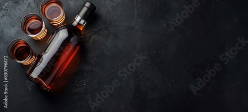 A bottle of cognac and glasses on a black background. Brandy. View from above. place for text. 
