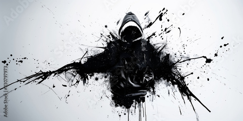 A street artist wearing a hood and mask creates graffiti art with spray paint on an urban wall in black and white.