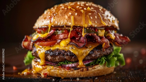 Capture a sumptuous, side view shot of a dripping, juicy burger with cascading cheese and vibrant toppings, beautifully enhancing its layers in stunning food photography