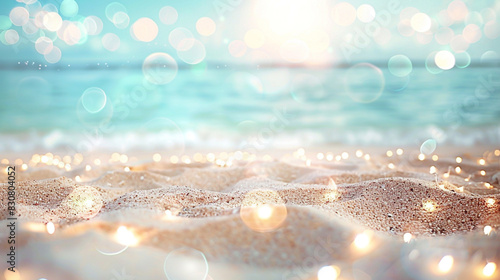 Warm sands and a gentle sky adorned with twinkling bokeh lights craft a tranquil summer haven,