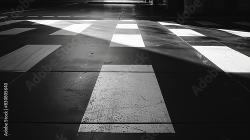 A black and white photo of a crosswalk with a white line