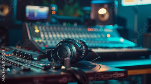 A black headphone sits on a sound board with a number of knobs and buttons