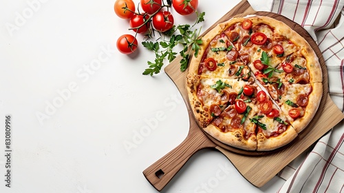 Empty pizza board and napkins top view isolated on white
