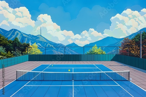 Tennis Court with Mountain View under Clear Blue Sky 