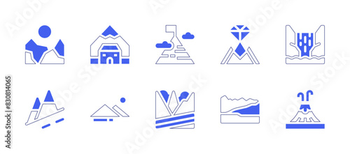 Mountain icon set. Duotone style line stroke and bold. Vector illustration. Containing mountain, mountains, cottage, nationalpark, goal, volcano, waterfall.
