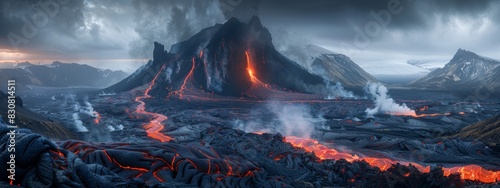 A dramatic volcanic landscape with lava flows and steaming geysers.
