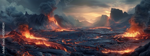 A dramatic volcanic landscape with lava flows and steaming geysers.